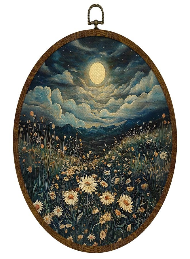 KLYTINK Moonlit Daisy Meadow Round Wall Art,10"x10" Romantic Nature Canvas Wall Hanging Decor with Frame, Rustic Night Landscape Wildflower Painting for Bedroom, Living Room, or Gift (FJ01) - Image 1